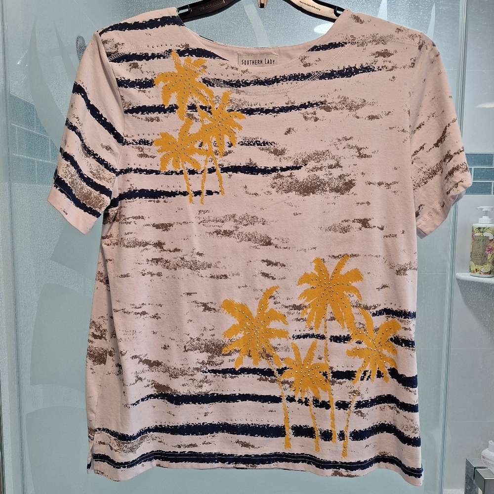 Southern Lady White Tee with Navy Stripes and Yellow Palm Print Never Worn
